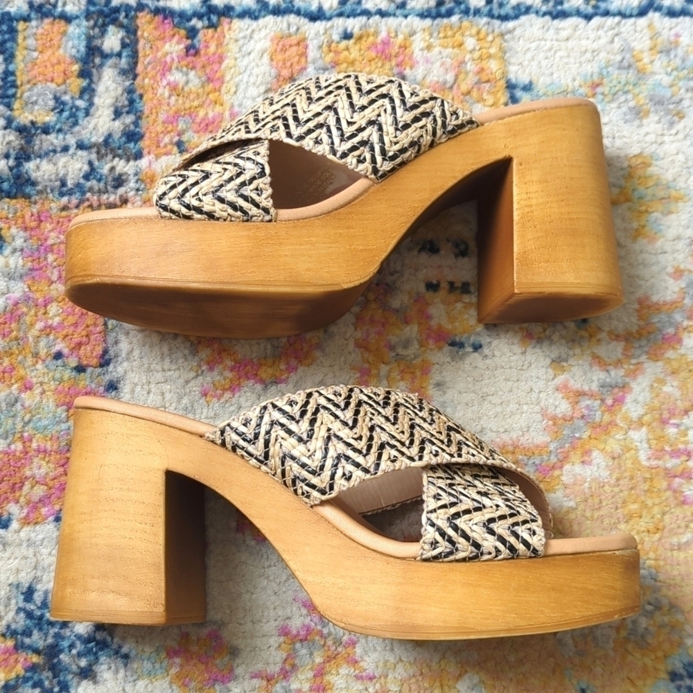 Avellini Woven Criss Cross Open Toe Slip On Heeled Platform Sandals Tan 9.5 - Picture 7 of 16